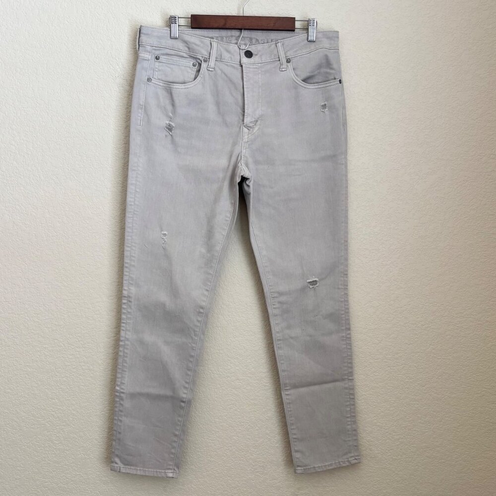 American Eagle Airflex+ Mens Gray Slim Straight Jeans Size 34x30 Distressed